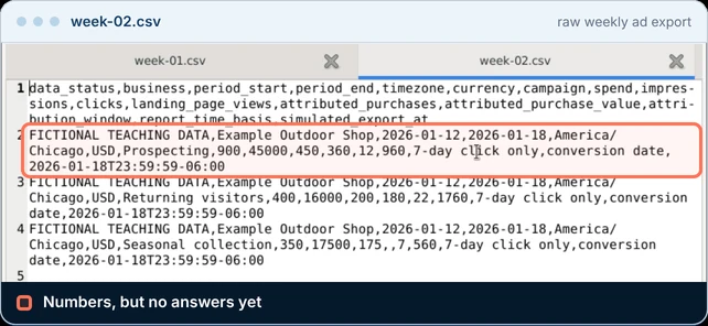 A raw weekly ad export open in a text editor: rows of comma-separated campaign numbers for the fictional Example Outdoor Shop, with the Prospecting row highlighted.