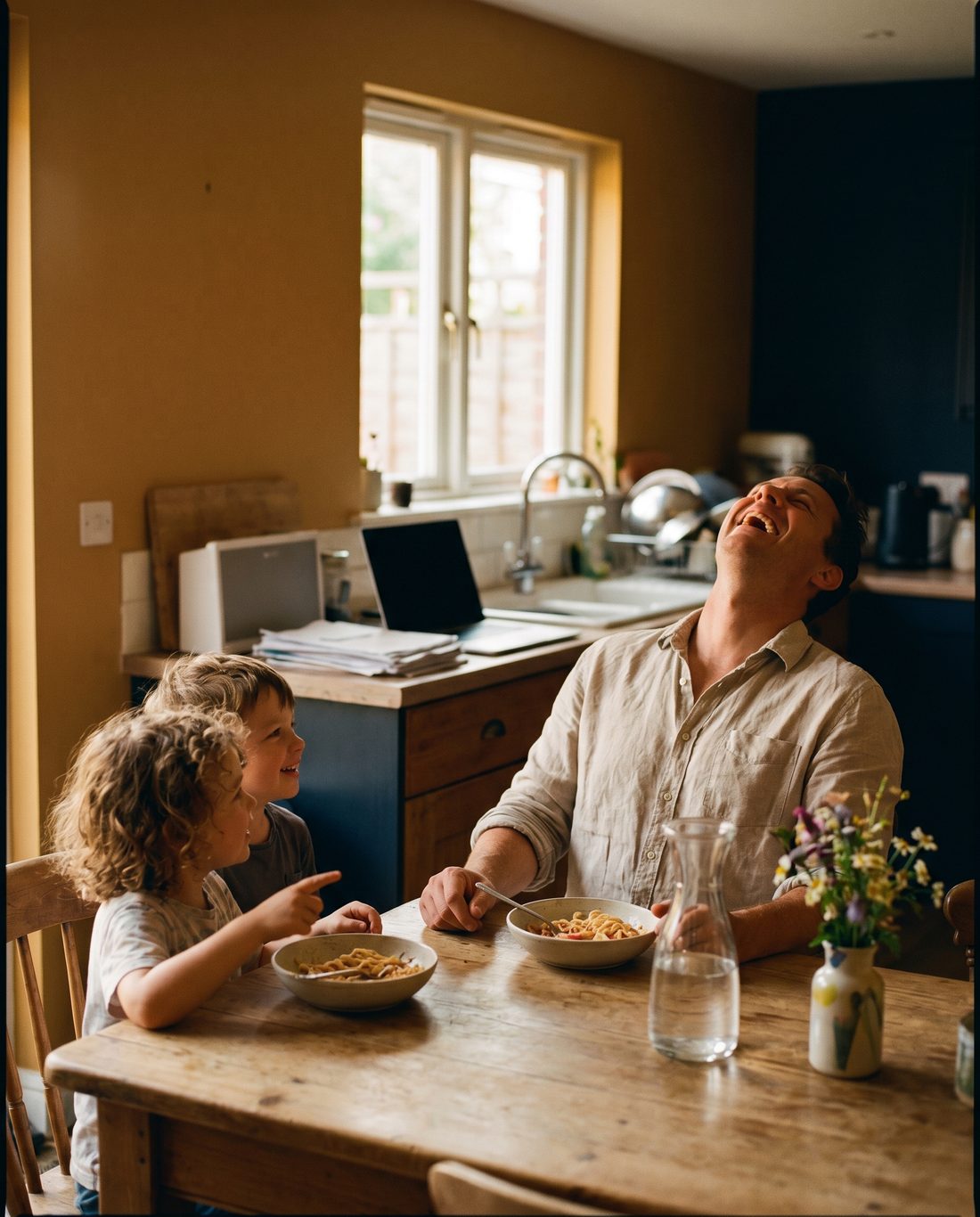 A small-business owner laughing at the dinner table with their kids, the laptop closed for the night.